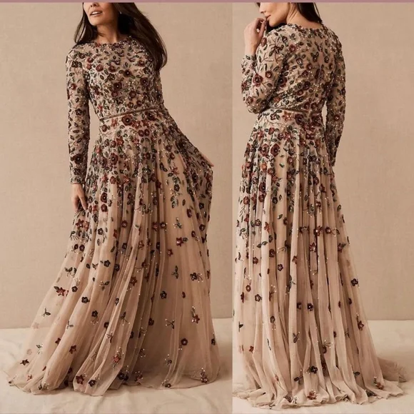 NWT $698 MAC DUGGAL Beige Embellished High Neck Long Sleeve A Line Gown DRESS - Picture 4 of 8